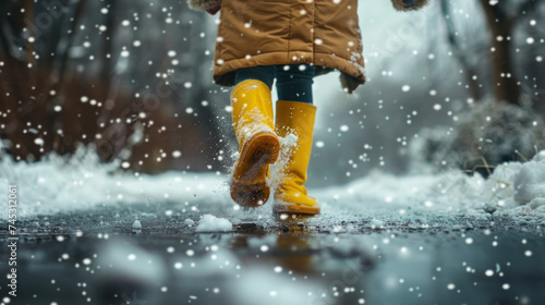 A child wearing a brown coat and yellow boots happily played in the snow during the snowfall