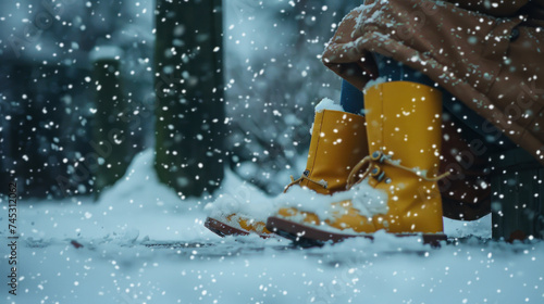 A child wearing a brown coat and yellow boots happily played in the snow during the snowfall