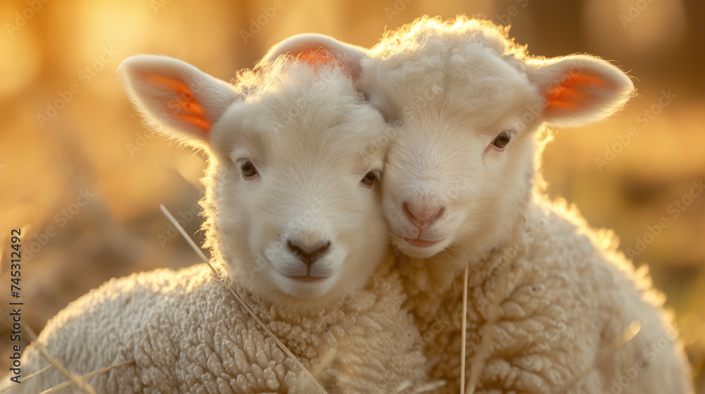 Obraz premium two Lambs, snuggling in the warm morning light Horizontal background, with room for copy, in a Farm animal-themed, photorealistic illustrations in JPG. Generative ai