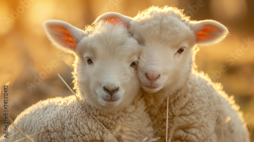 two Lambs, snuggling in the warm morning light Horizontal background, with room for copy, in a Farm animal-themed, photorealistic illustrations in JPG. Generative ai