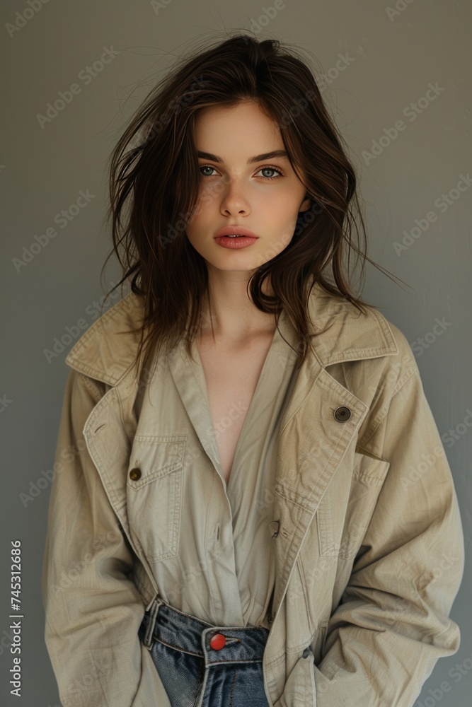 a beige jacket and jeans with the tassle belt on the background a beige jacket and jeans with the tassle belt on the background