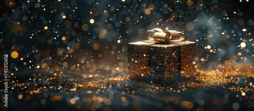 a gift box sitting on black wood with glitter on a dark background