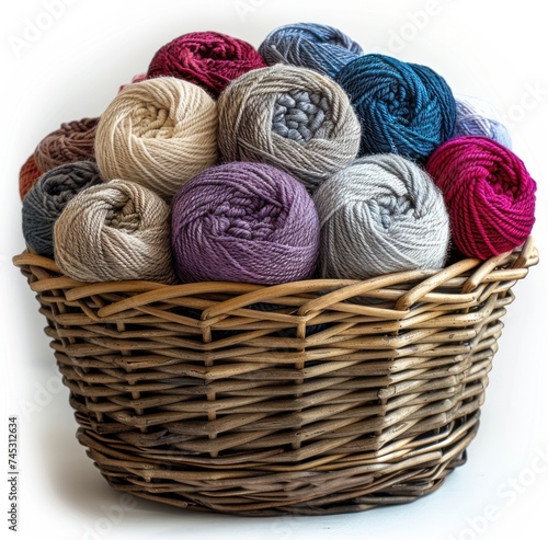 a basket filled with yarns in various colors