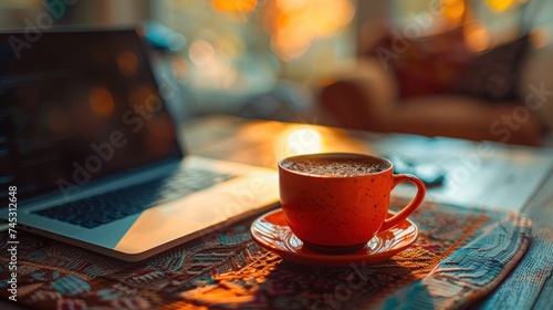 a cup of coffee beside a laptop on a coffee table