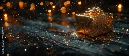 a gift box sitting on black wood with glitter on a dark background