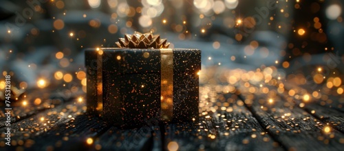 a black gift box with golden sparkles on a wooden background