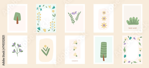 Floral greeting card backgrounds set. Flower and trees abstract banner template. Cover decoration