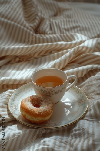 a cup of tea and a donut is shown on a bed to show the breakfast view