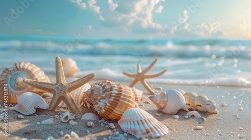 A beach scattered with numerous seashells and starfish