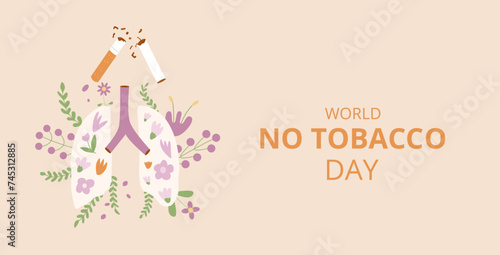 World no tobacco day card. Stop smoking banner. Cigarette and lung with flowers awareness sign photo