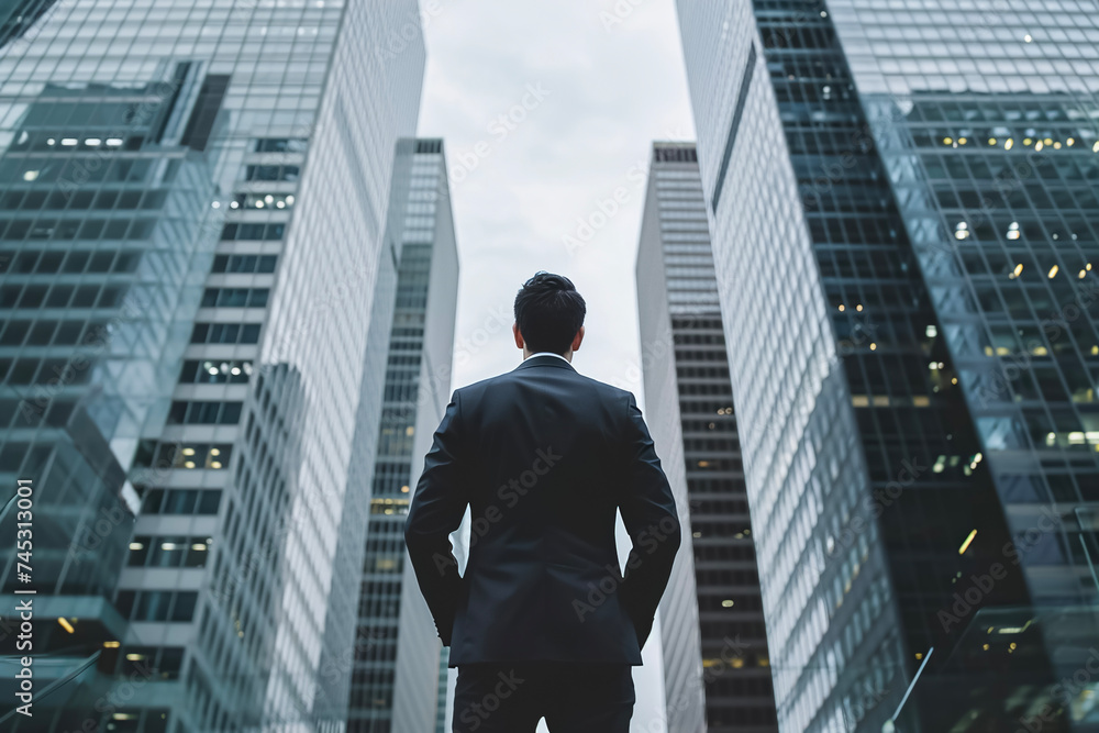 businessman in a suit standing in front of a skyscraper businessman in a suit standing in front of a skyscraper
