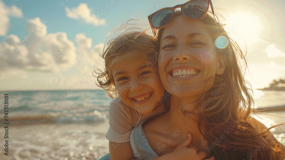 A joyful mother and her lovely daughter enjoying a playful moment at the beach A joyful mother and her lovely daughter enjoying a playful moment at the beach