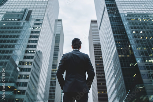 businessman in a suit standing in front of a skyscraper