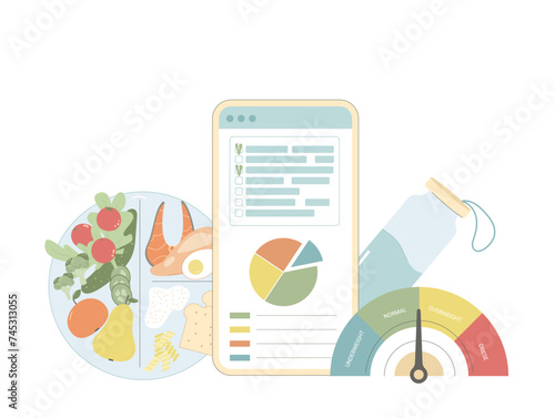 Healthy lifestyle concept. Healthy eating plate, body mass index. Calories counting and ratio of nutrients. Weight loss control. Vector flat illustration isolated on white background