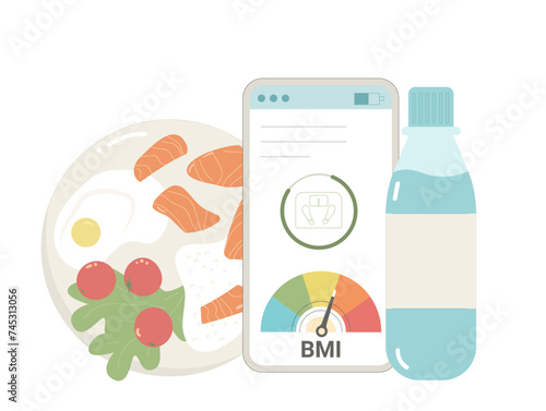 BMI and weight control application and healthy eating habit. Body mass index and counting calories on phone isolated on white background. Vector flat illustration