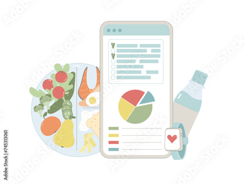 Healthy life active tracking concept. Calories, pulse counting and ratio of protein, carb and fat. Weight loss control. Vector flat illustration isolated on white background