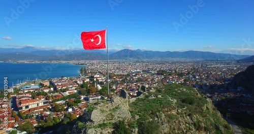 Fethiye Castle with Turkish Flag  aerial footage touristic fethiye town  turkey mediterranean seaside coast turkey photo
