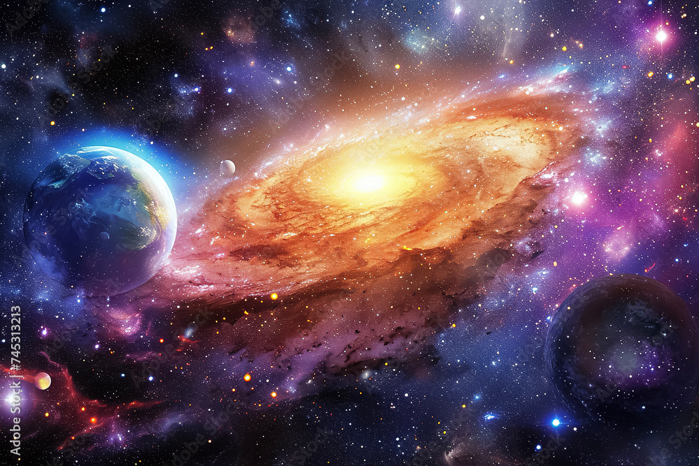 A digital art of a galaxy, with stars, planets, and nebulas