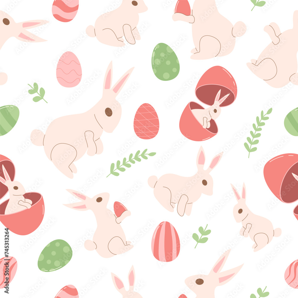 Easter eggs and rabbit seamless pattern. Spring holiday endless background with bunny. Celebration cover. Vector flat illustration Easter eggs and rabbit seamless pattern. Spring holiday endless background with bunny. Celebration cover. Vector flat illustration