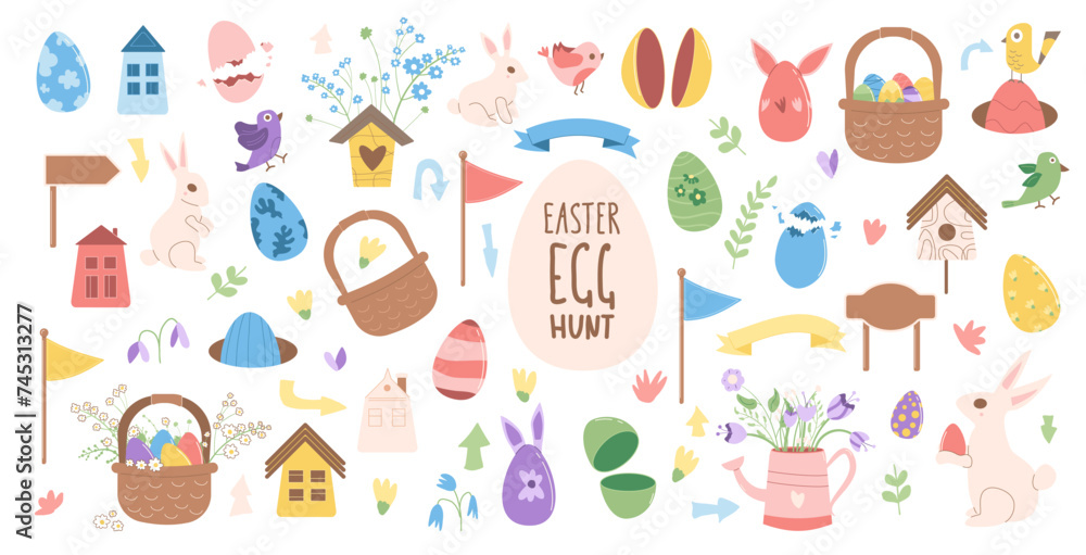 Easter egg hunt elements set. Spring holiday party collection. Eggs, basket tablets and bunny with flowers item. Vector flat illustration