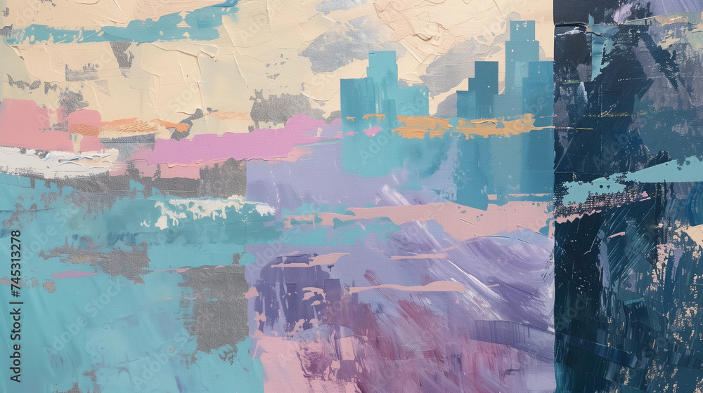 Wall art abstract picture city streets for home decoration, paint texture with unexpected pastel colors, stormy waves and calm feelings