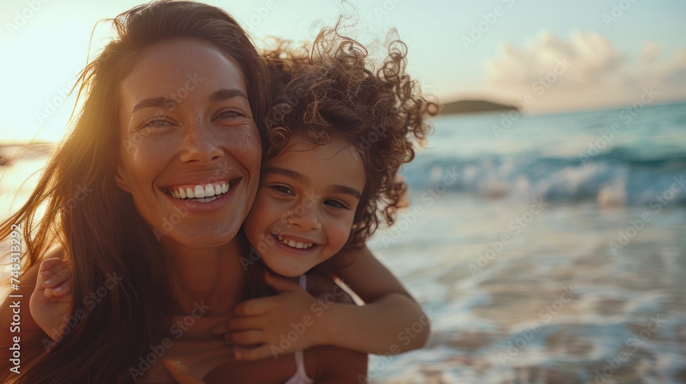 A joyful mother and her lovely daughter enjoying a playful moment at the beach