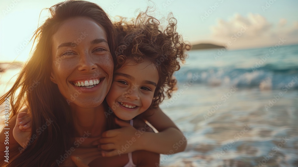 A joyful mother and her lovely daughter enjoying a playful moment at the beach A joyful mother and her lovely daughter enjoying a playful moment at the beach