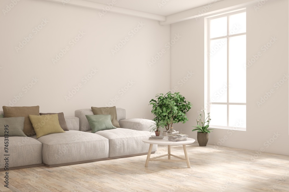 Fototapeta premium Modern minimalist interior with sofa on empty white color wall background. Interior mockup. Scandinavian interior design. 3D illustration