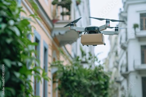 A delivery drone delivering a package to doorstep