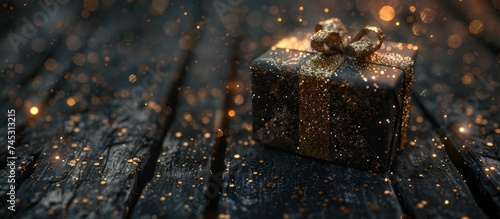 a gift box sitting on black wood with glitter on a dark background
