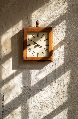 a clock is facing down onto a white wall, in the style of luminous shadows