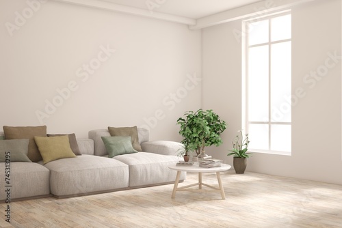 Modern minimalist interior with sofa on empty white color wall background. Interior mockup. Scandinavian interior design. 3D illustration © AntonSh