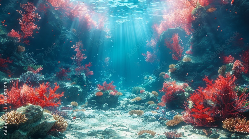 Underwater Coral reef and bright ray sun. Generative AI