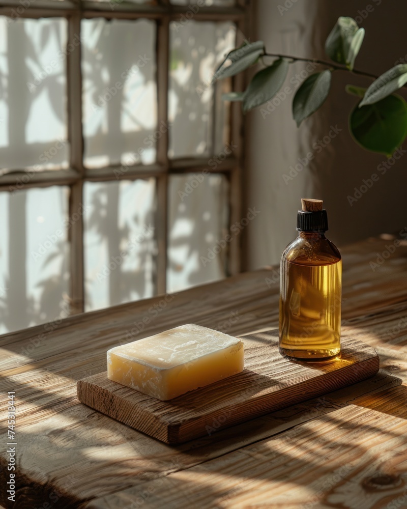 a bottle with oil and soap on a wooden table