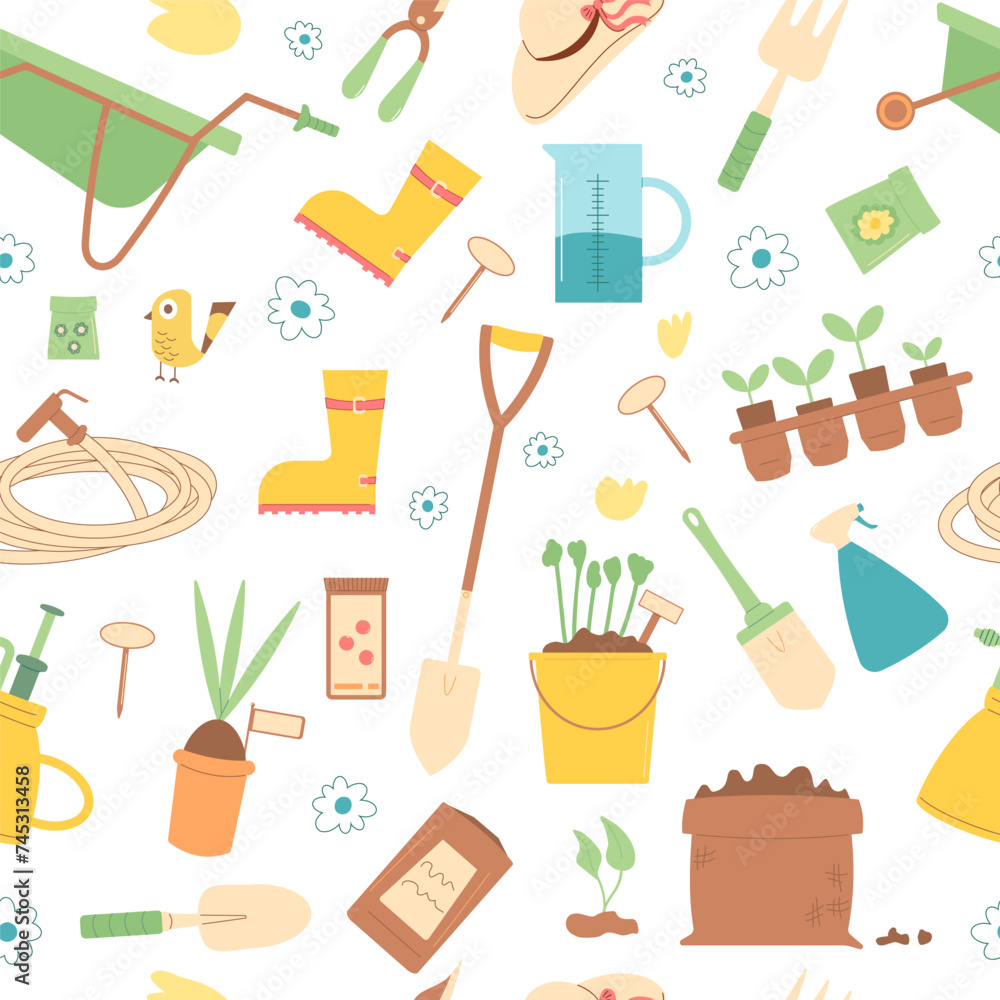 Gardening tools seamless pattern. Spring horticulture endless background. planting and work in backyard cover. Vector flat illustration Gardening tools seamless pattern. Spring horticulture endless background. planting and work in backyard cover. Vector flat illustration