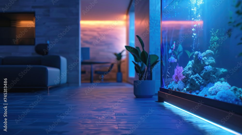 cozy interior design with a high level of detail and one wall consists of a fish tank