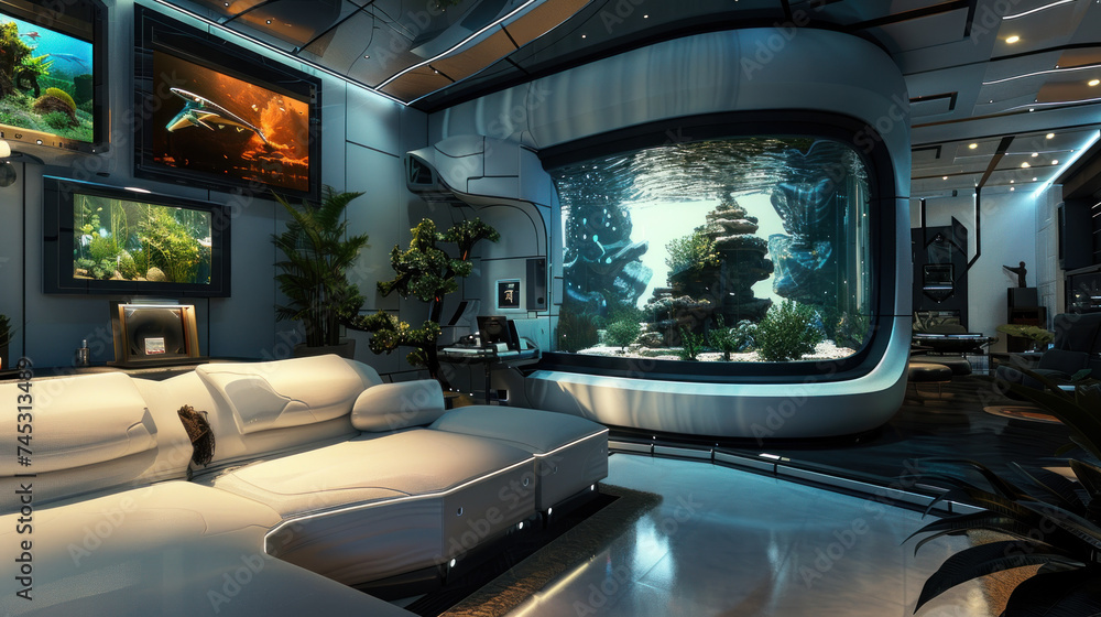 cozy interior design with a high level of detail and one wall consists of a fish tank
