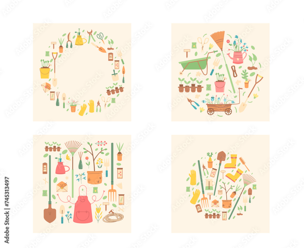 Gardening tools set of round and rectangle compositions. Agriculture round frame and square cards. Spring horticulture equipment. Seeds, shovel and sample, argon. Vector flat illustration
