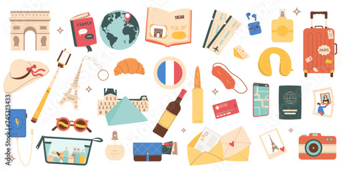 France tourism accessories and sight vector set. Travel to Paris elements isolated on white background. Trip to Europe country for adventure and rest. Holiday weekend vacation collection.