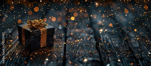 a gift box sitting on black wood with glitter on a dark background