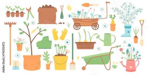 Gardening vector set isolated on white background. Spring horticulture equipment. Planting and work in backyard cover. Seeds, wheelbarrow shovel and other items. Modern flat illustration