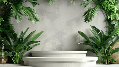 Contemporary White Podium Stage Rack front view focus with Green Stone and Tropical Leaves Background