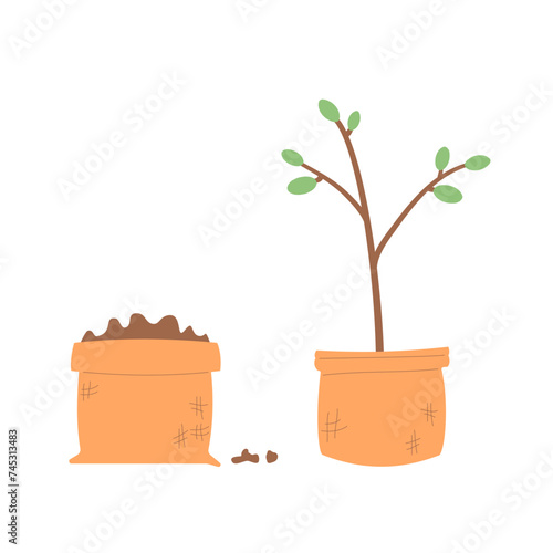 Growing trees. Gardening element isolated on white background. Spring horticulture equipment. Planting and work in backyard cover. Sapling in a sack. Vector flat illustration