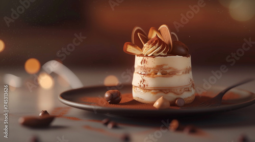 Tiramisu cake with chocolate and marshmallow on dark background