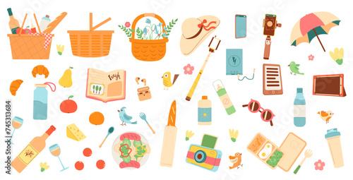 Picnic set. Basket with wine and food, beverages and sunscreen. Spring outdoor holiday activity elements isolated on white background. Summer day meal in park. Vector flat illustration