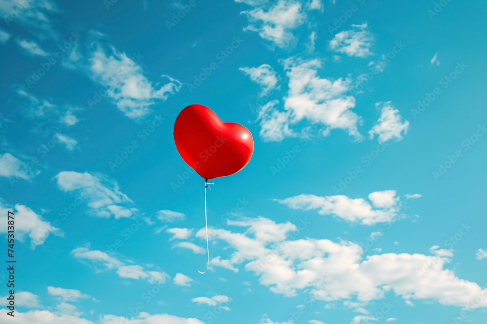 A red heart balloon is floating in a blue sky