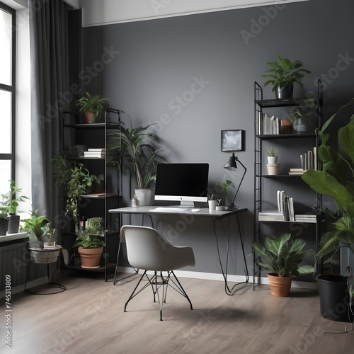 Dark open space living room interior with metal rack, grey armchair and plants in the background and study corner hairpin desk, books and empty monitor in the foreground 