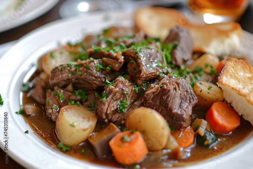 A plate of pot-au-feu, a classic French beef stew made with vegetables and herbs