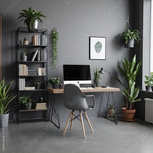 Dark open space living room interior with metal rack, grey armchair and plants in the background and study corner hairpin desk, books and empty monitor in the foreground 