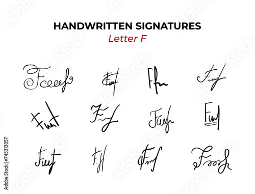 Fake hand drawn Personal scribble for certificate or client. Handwritten Fictitious Autographs set with letter F. Various signatures crossed out, underlined, slanted, calligraphic, expressive 1 of 26